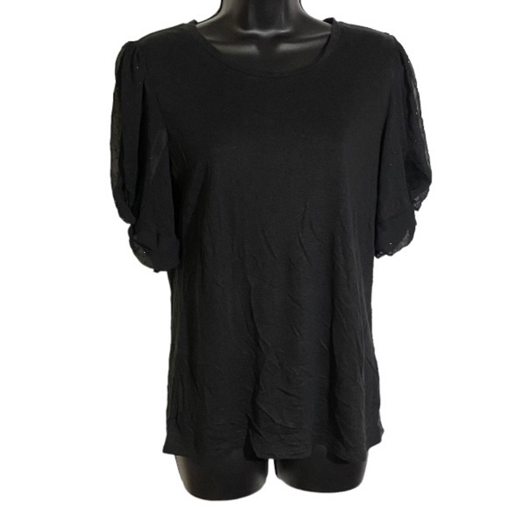 Elie Tahari Linen Blend Blouse Black Sheer Puff Embellished Short Sleeve Small